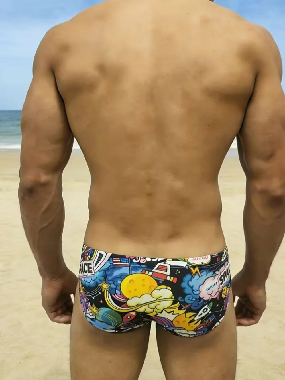 Men's Space Print Swim Briefs Colorful Novelty Beach Pool Swimwear Size M